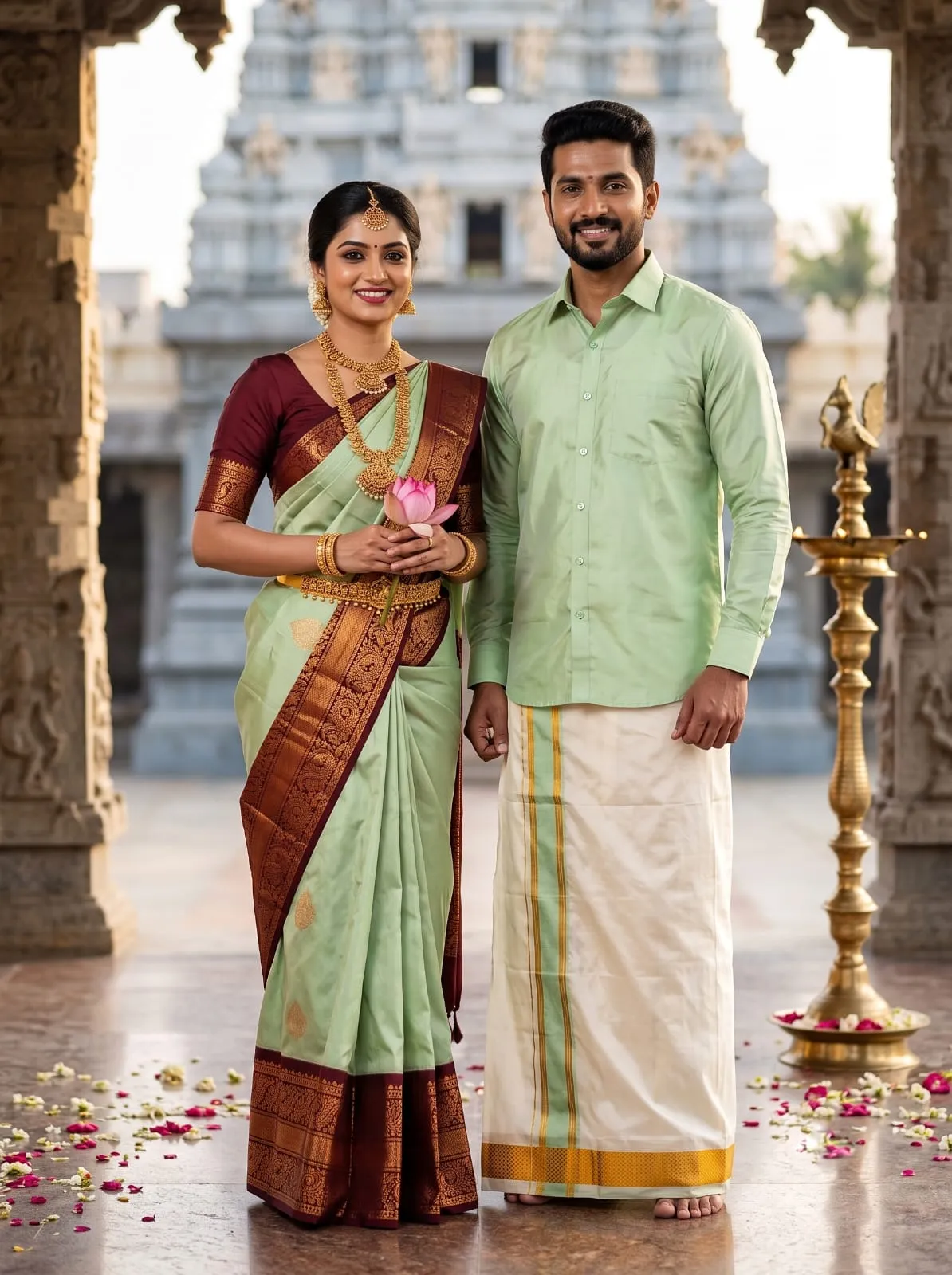 Pistachio Maroon Floral Kottanji Korvai Couple Silk Set